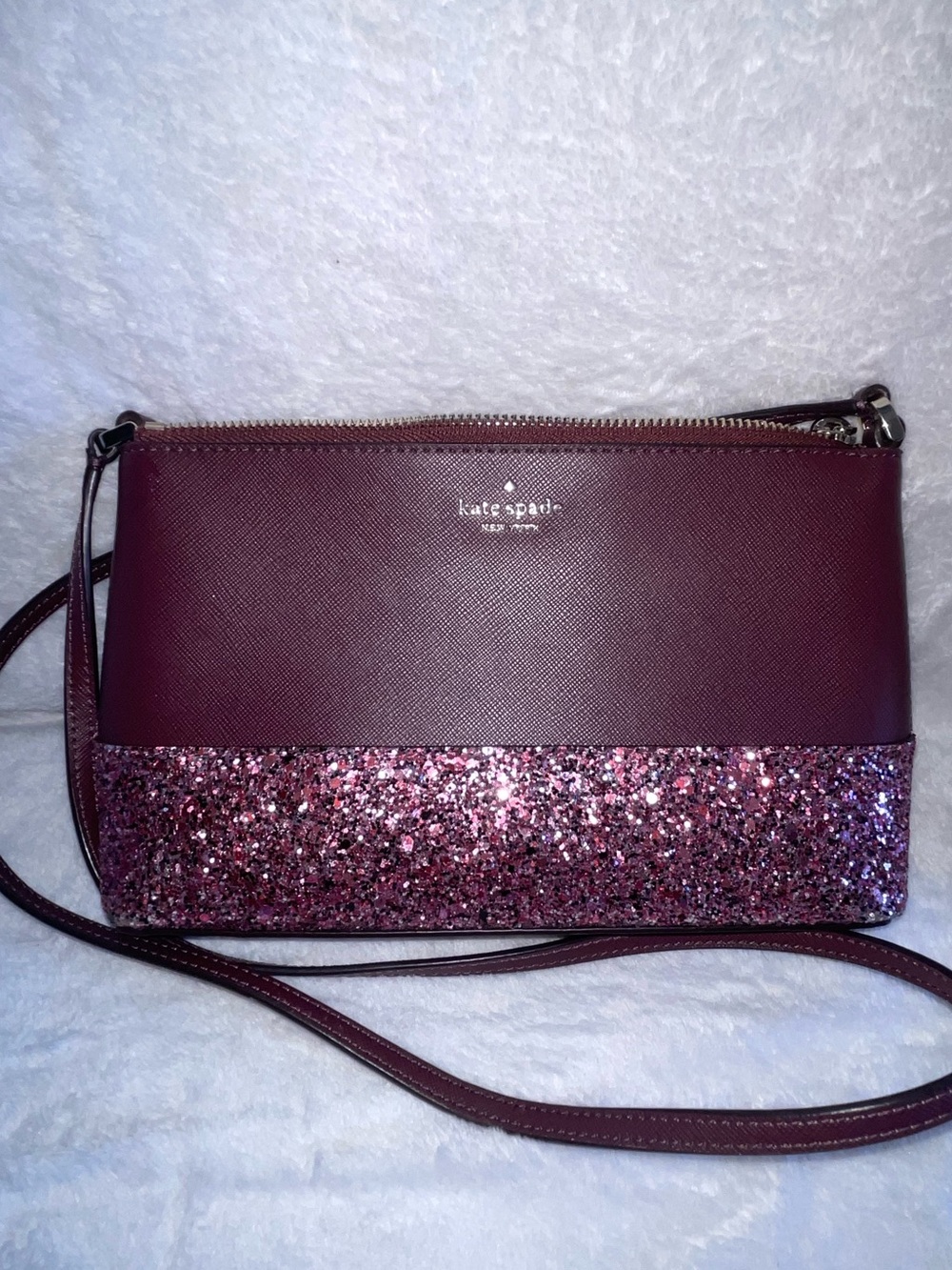 kate spade plum crossbody with pink-purple glitter trim excellent condition